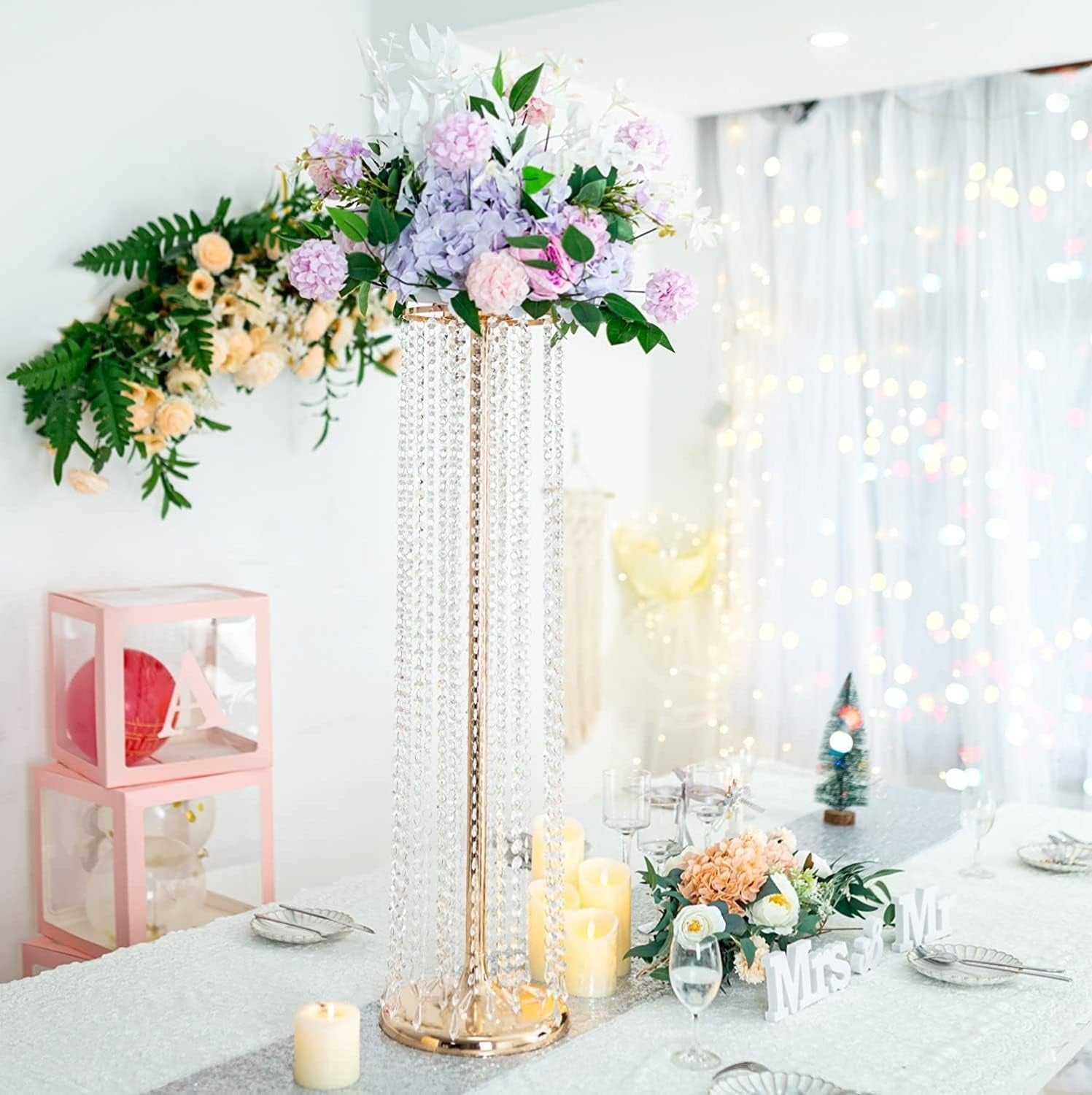 Gold Crystal Wedding Flower Stand Pair 90cm Tall Event Table Centrepiece