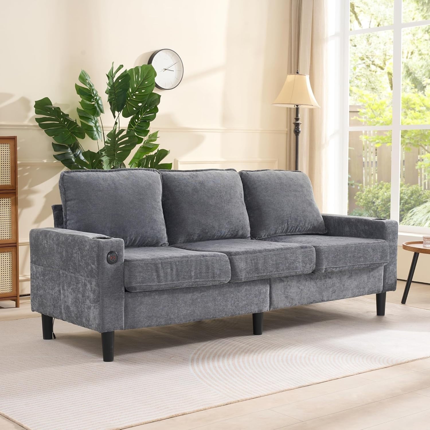 L-Shaped Corner Sofa Bed 3 Seater Grey with USB, Cup Holders, Storage