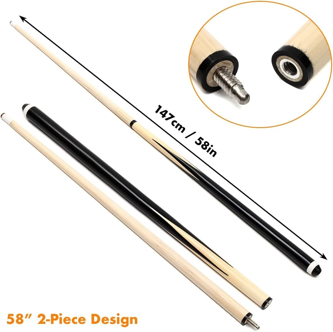 2x 58in Pool Cue Sticks 13mm Tip Hardwood 2 Piece Bar House Set