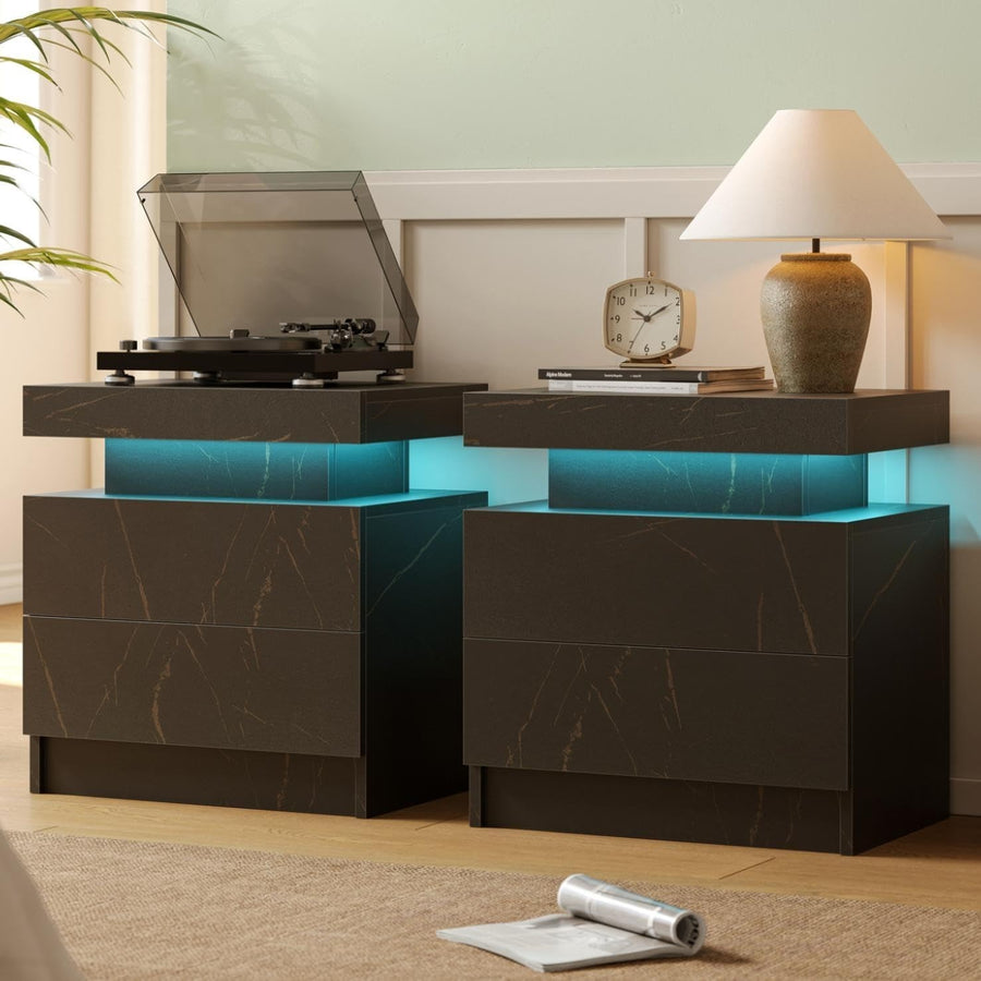 Luxury Black Gold LED Bedside Tables Set of 2 with Drawers – Modern RGB