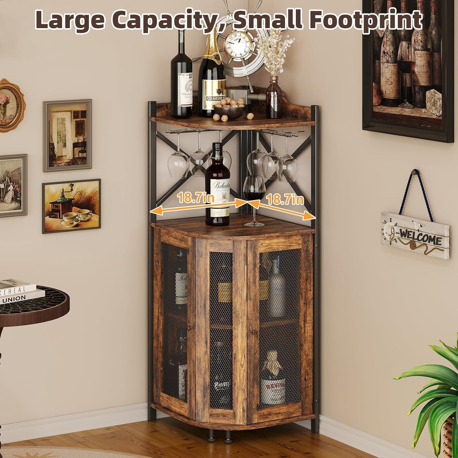 Corner Bar Cabinet with Wine Bottle Rack, Glass Holder & Storage Shelves Rustic