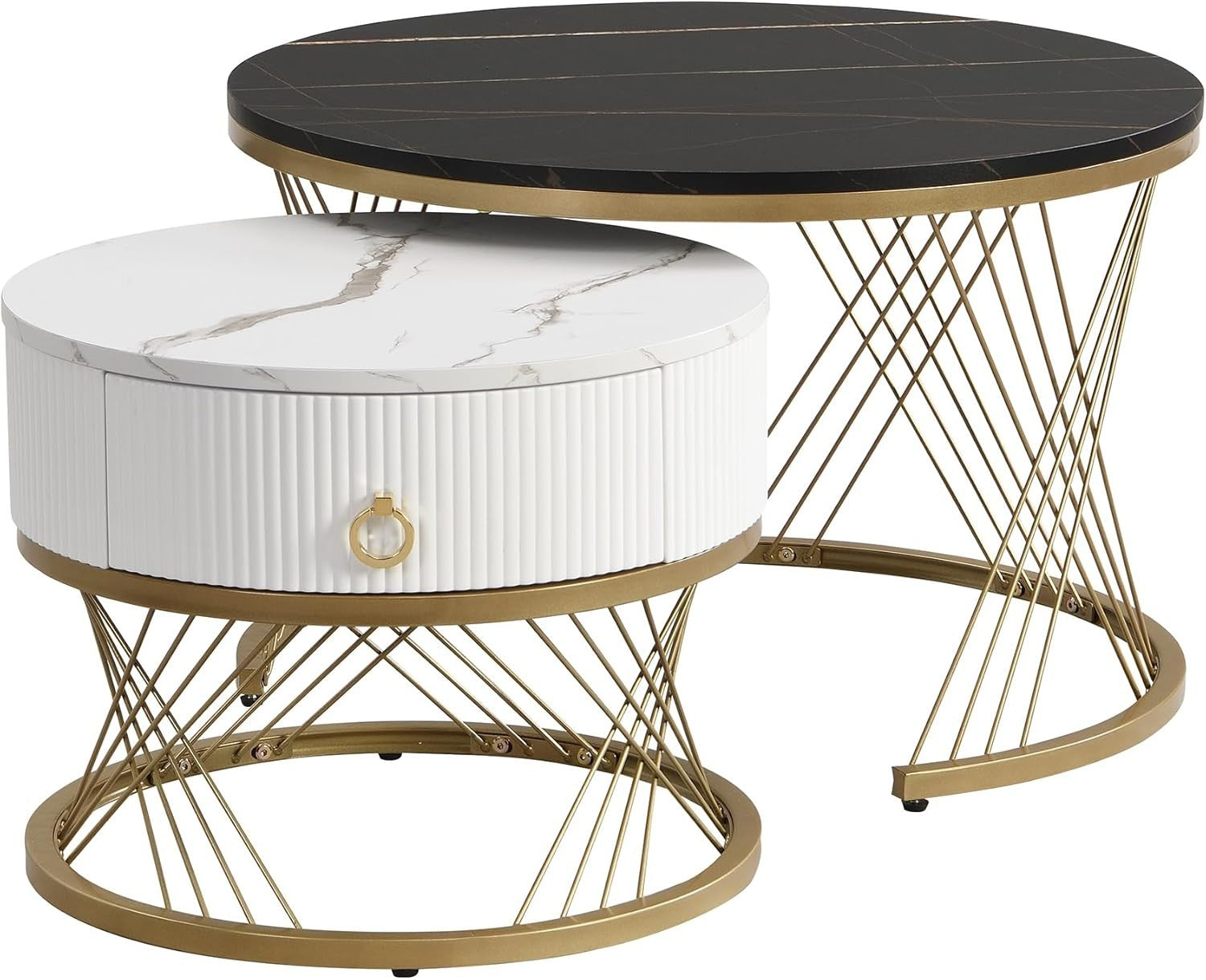 Nesting Coffee Tables Set of 2, Marble Look Top, Storage Drawer, Gold Metal Fram