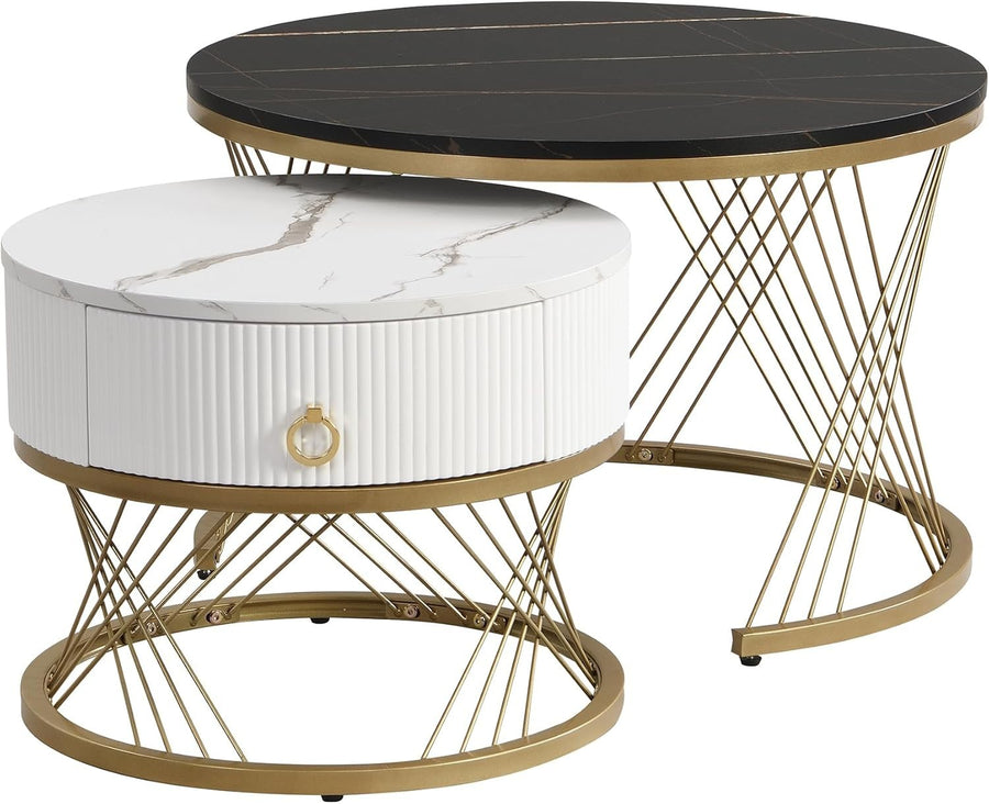 Nesting Coffee Tables Set of 2, Marble Look Top, Storage Drawer, Gold Metal Fram