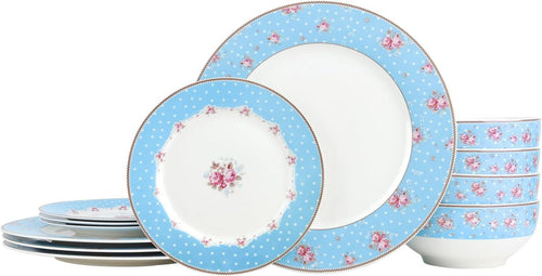 12pc Blue Floral Dinner Set Porcelain Plates Bowls Dishwasher Safe Service for 4