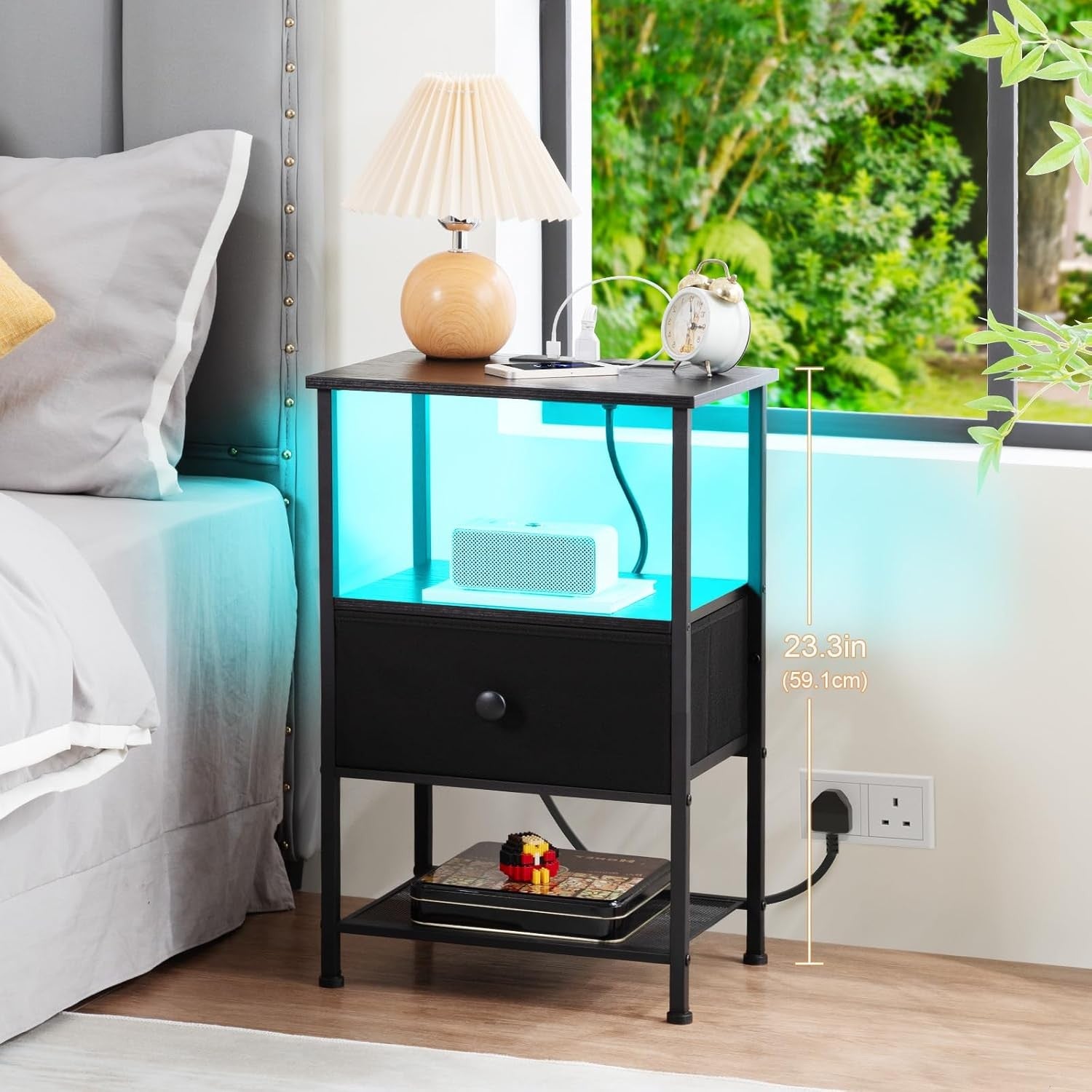 Set of 2 LED Bedside Tables with Charging Station, Fabric Drawer & Storage Shelf
