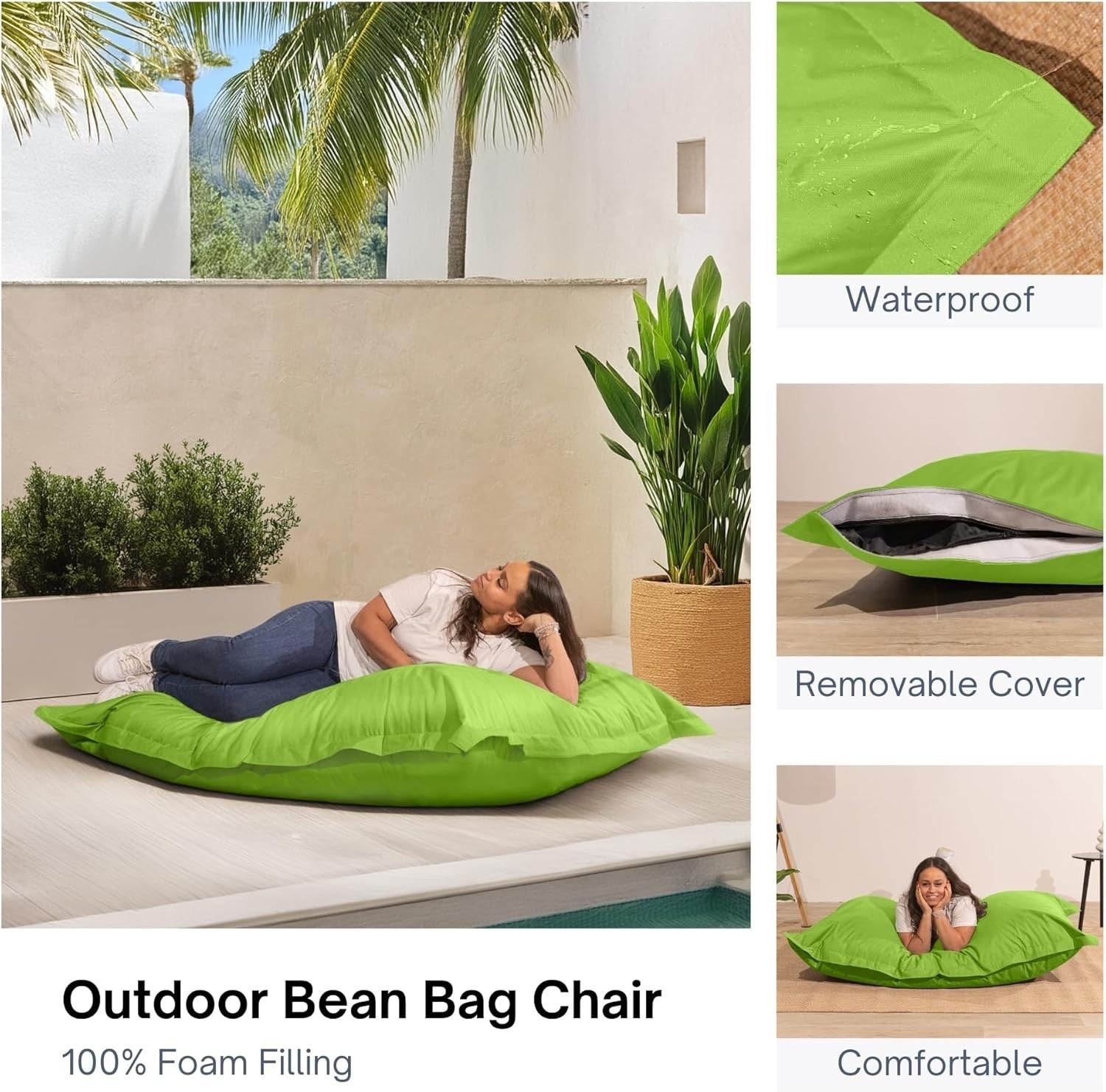 Green Outdoor Waterproof Bean Bag Chair for Adults & Kids – Removable Cover