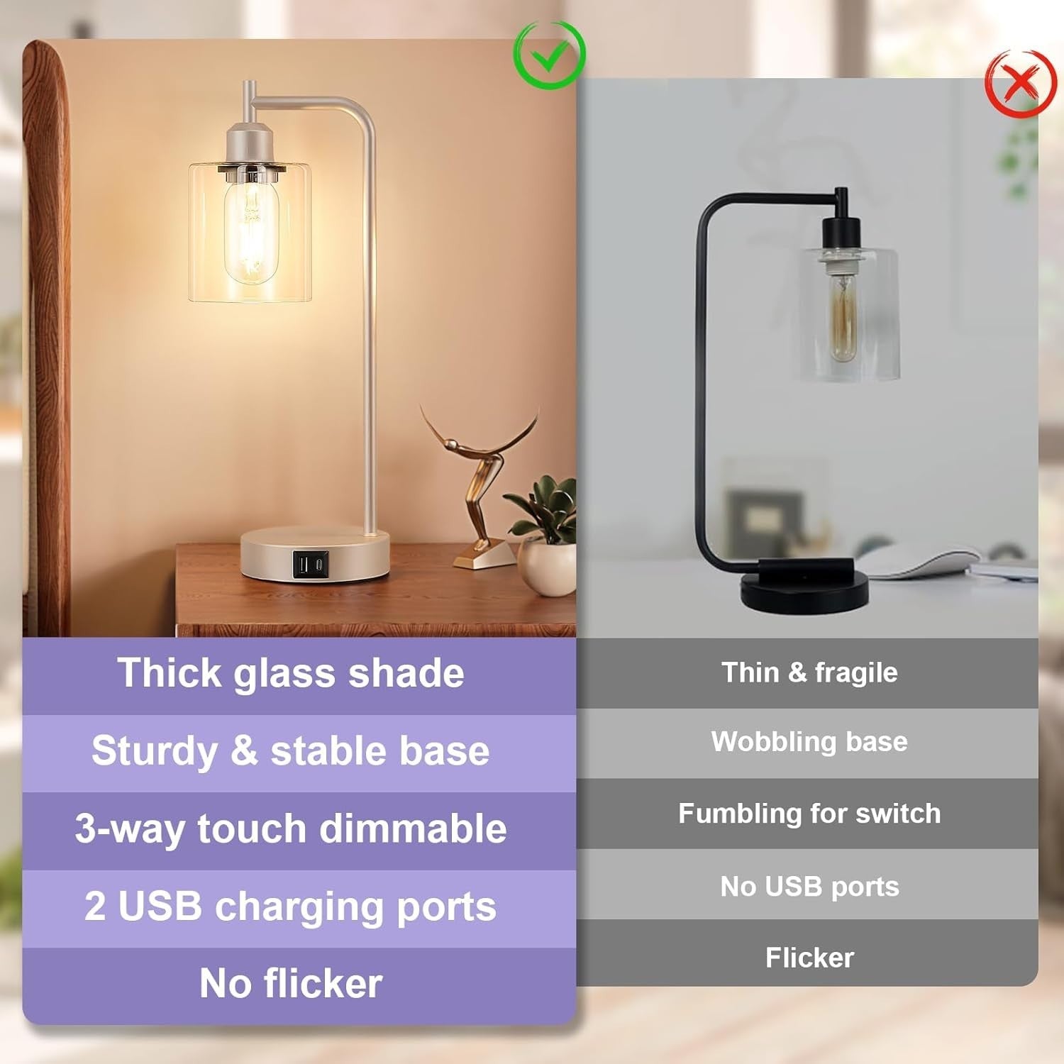 Champagne Gold Touch Table Lamps Set of 2 USB Dimmable Clear Glass