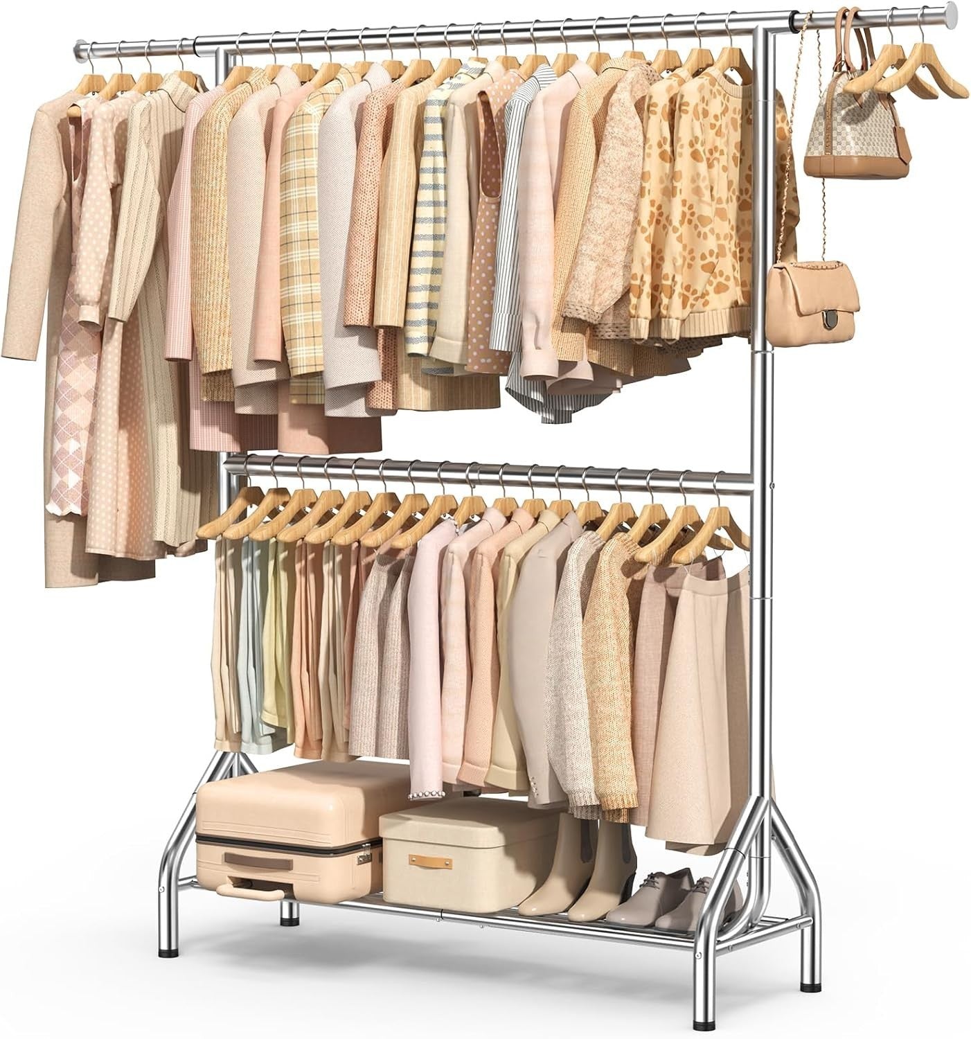 280KG Heavy Duty Double Clothes Rail with Shelves – Silver