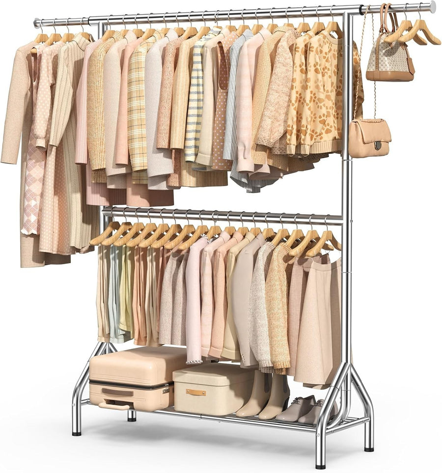 280KG Heavy Duty Double Clothes Rail with Shelves – Silver