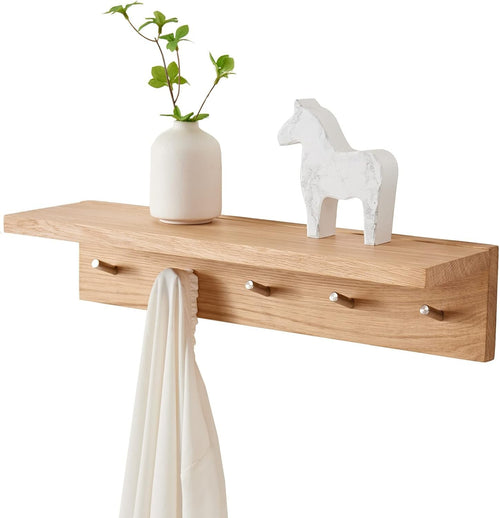 20in Oak Wood Wall Shelf with Hooks Entryway Coat Rack Floating Hat Towel Rail
