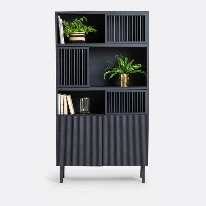 Black Oak Bookcase Cabinet with Sliding Doors & Soft Close Hinges 168cm