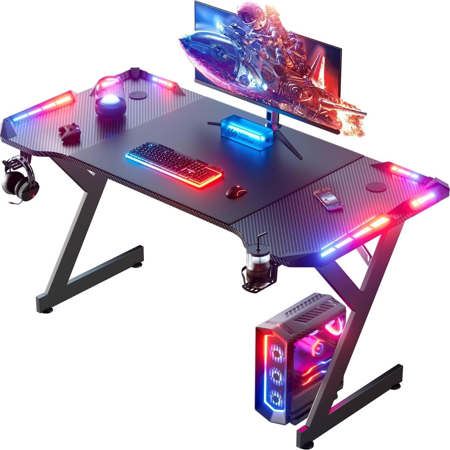 160cm Black RGB Gaming Desk w/LED Lights Cup Holder & Headset Hook