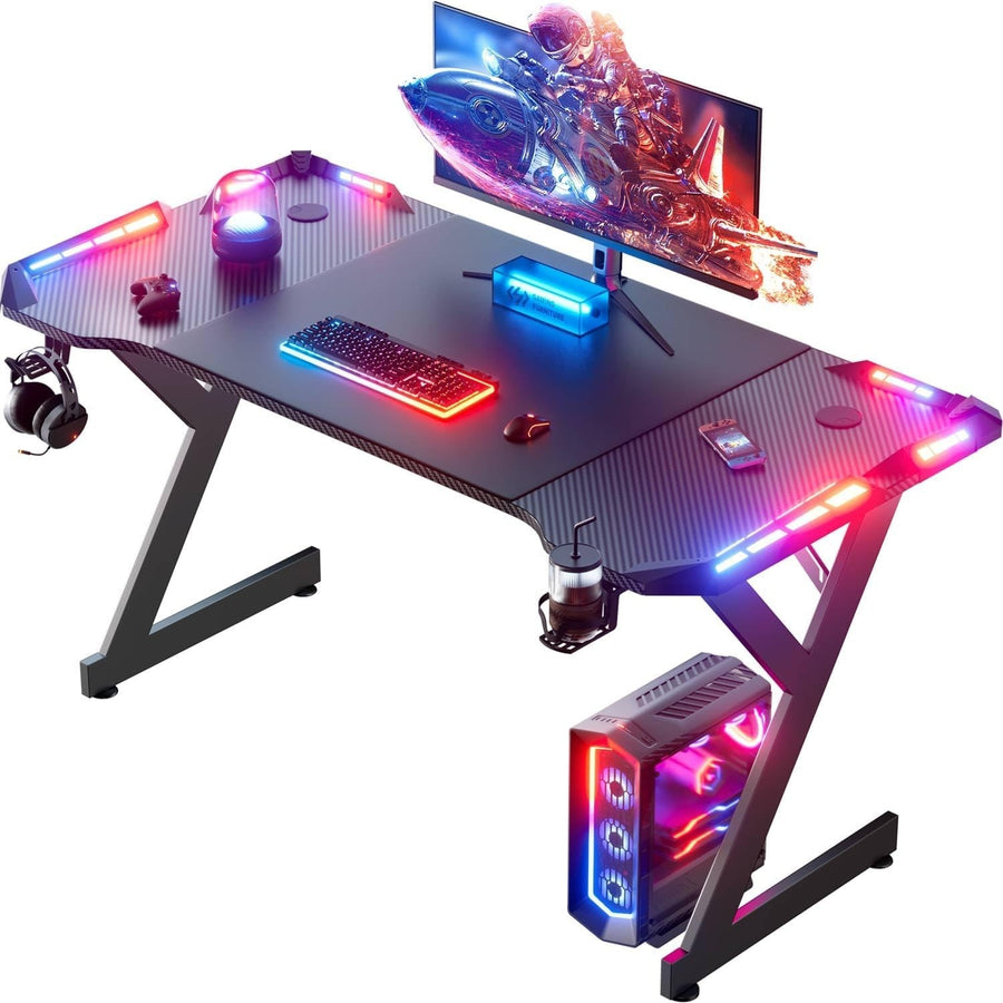 160cm Black RGB Gaming Desk w/LED Lights Cup Holder & Headset Hook