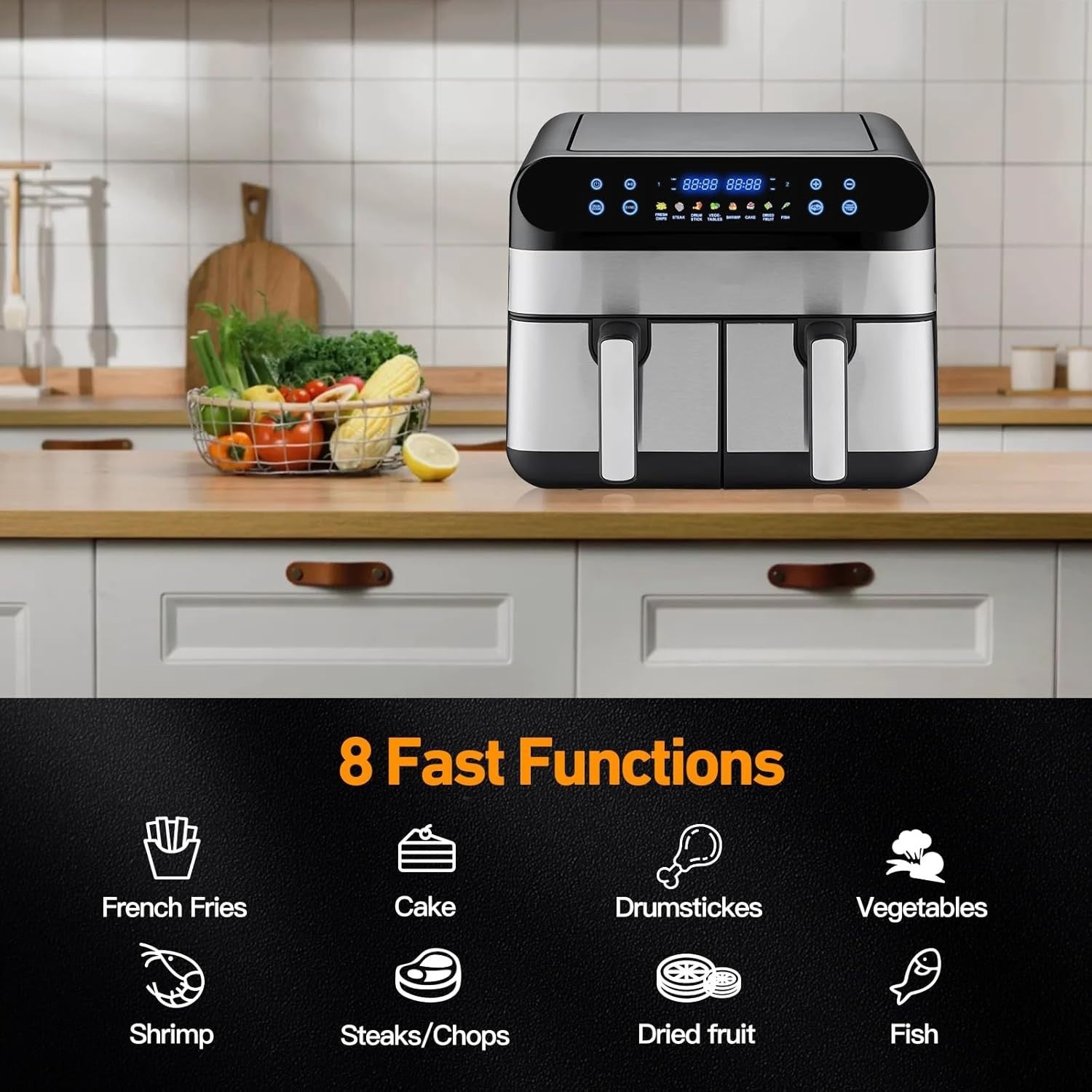 Dual Basket Air Fryer 9L 2x4.5L 8 Presets LED 50-200°C Nonstick