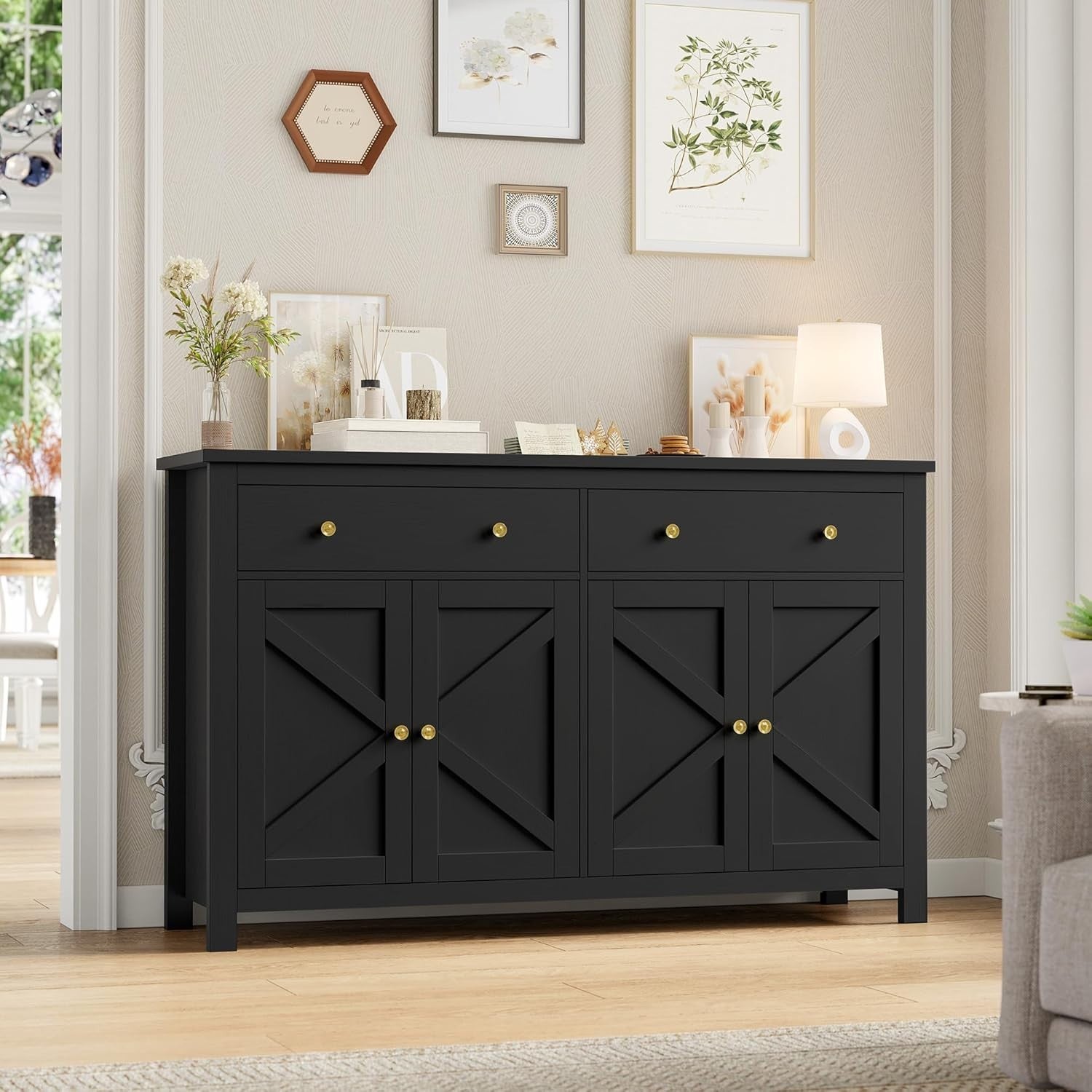 Large Black Kitchen Sideboard 4 Doors 2 Drawers Adjustable Shelves Storage