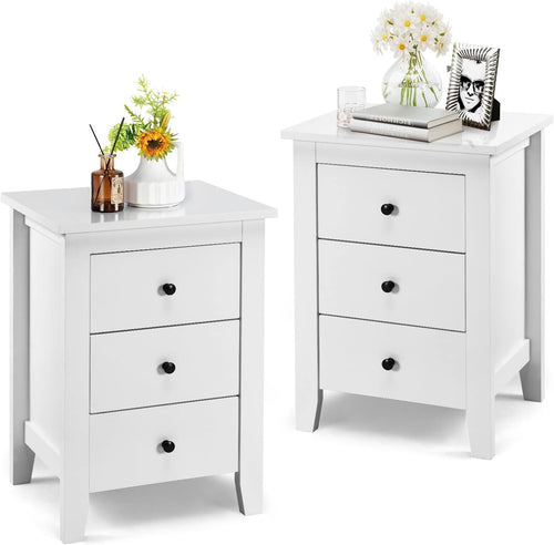 Set of 2 White 3 Drawer Bedside Tables | Modern Wooden Nightstands