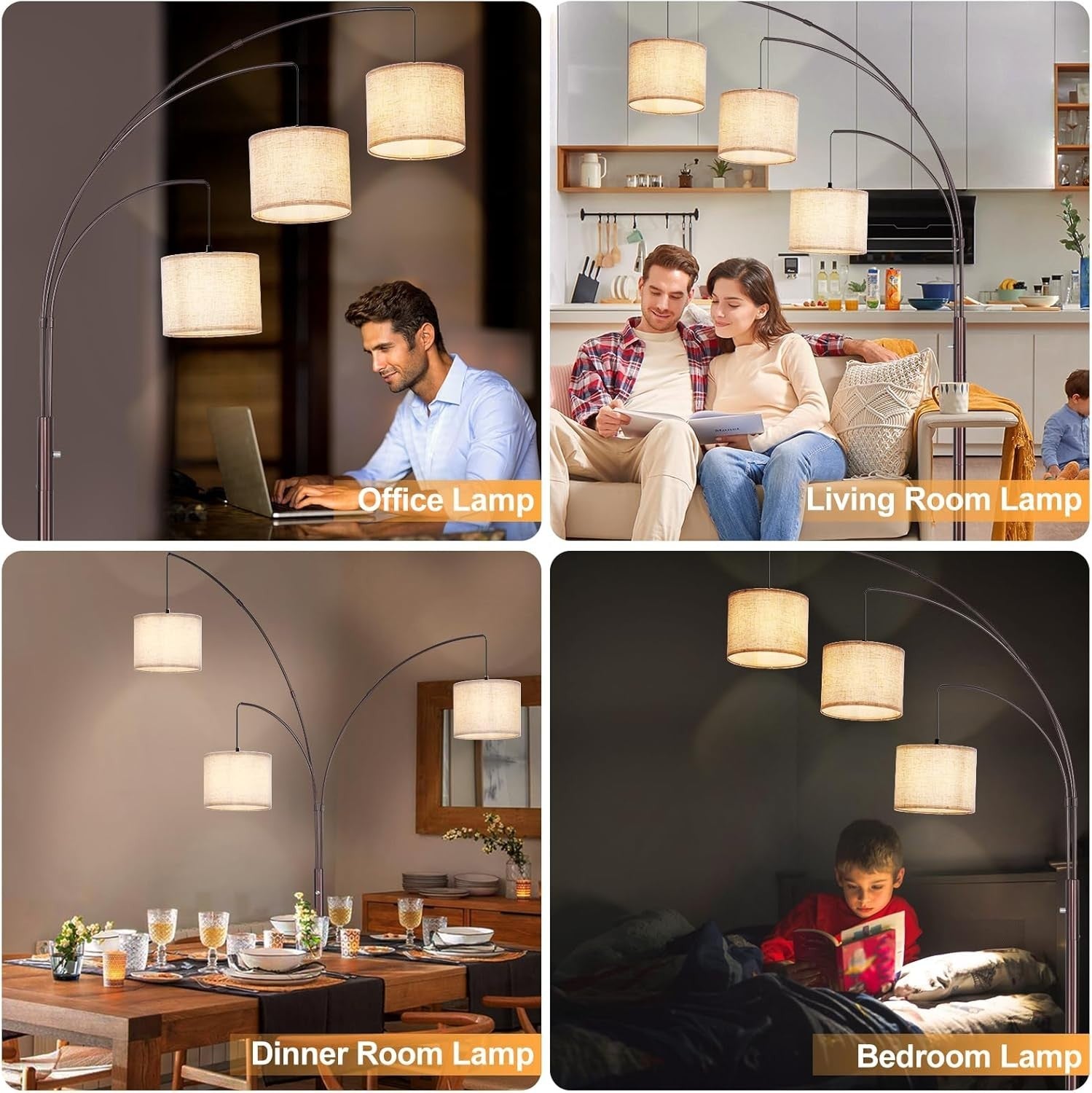 3-Head Adjustable Arc Floor Lamp with Beige Shades – Dimmable LED Lighting