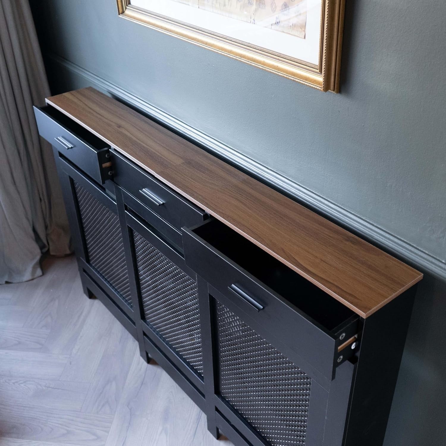 Large Black Radiator Cover with Drawers Diamond Slat W152xH96cm