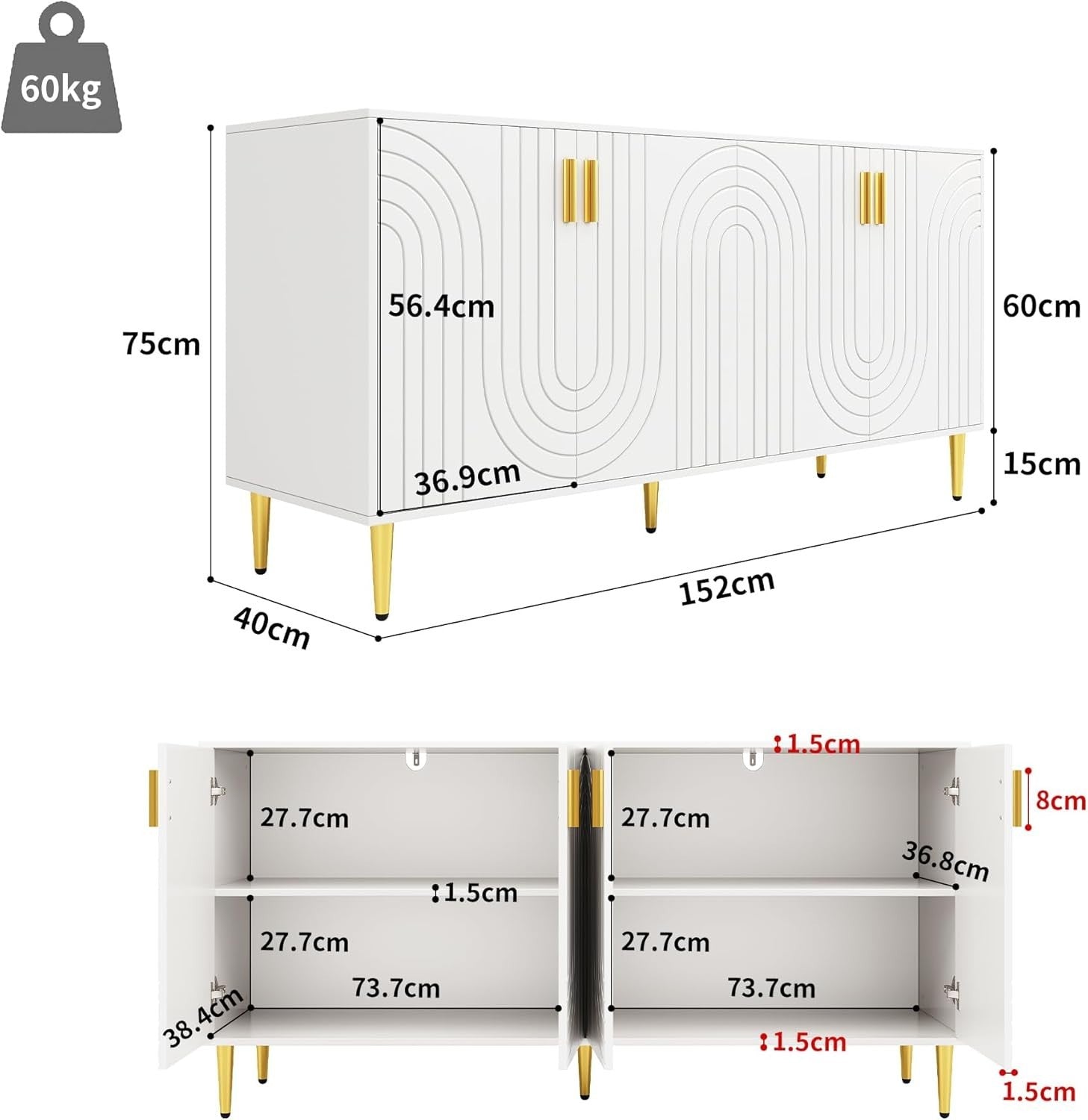 Modern White Sideboard Cabinet Gold Handles Storage Unit for Living Room