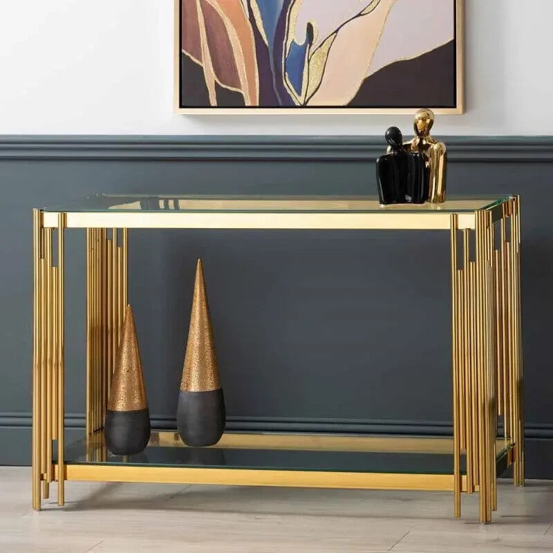 Gold Glass Console Table Modern 2 Tier Entryway Shelf Steel Frame