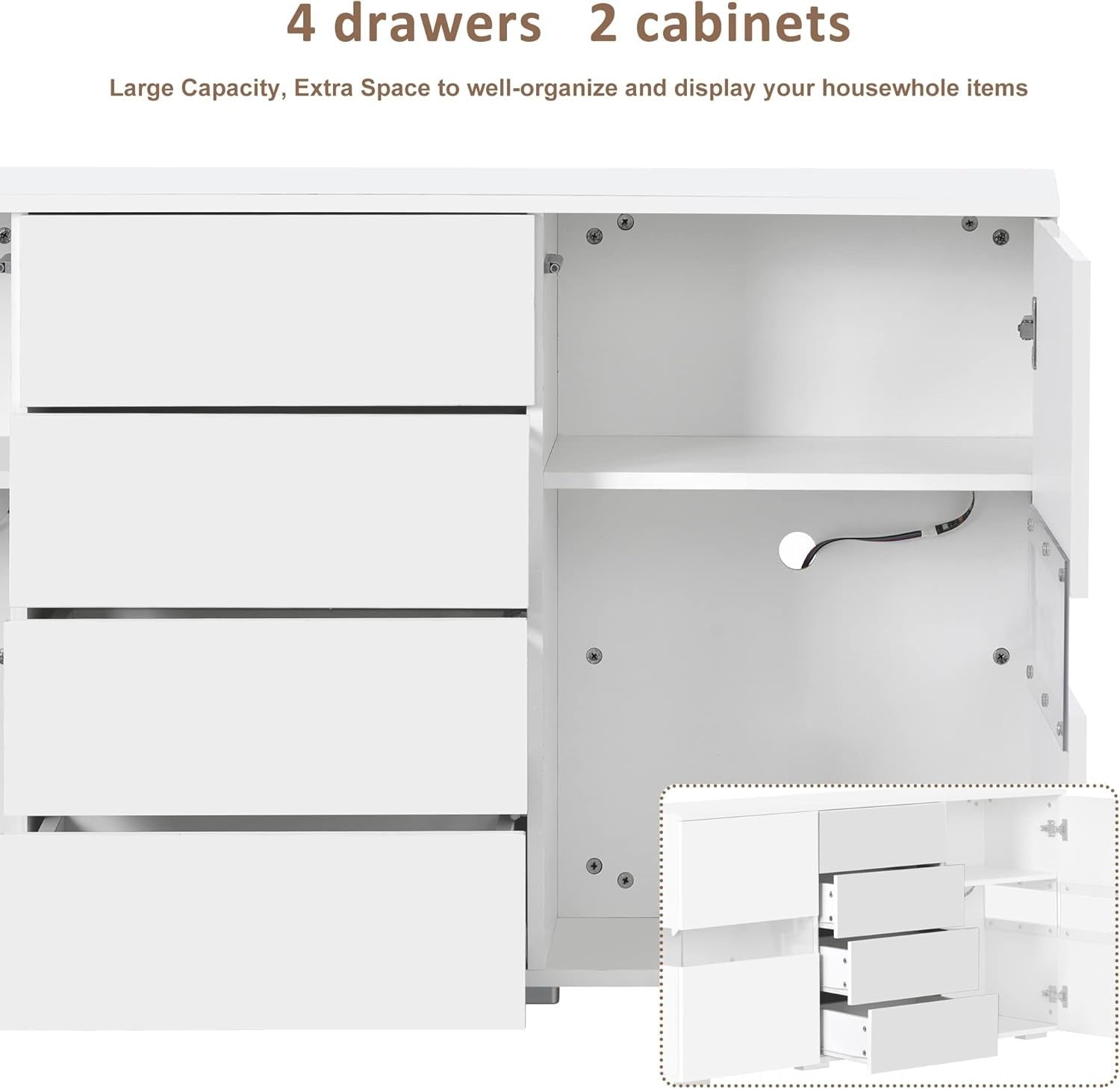 White Gloss LED Sideboard Cabinet 2 Door 4 Drawer Storage RGB USB
