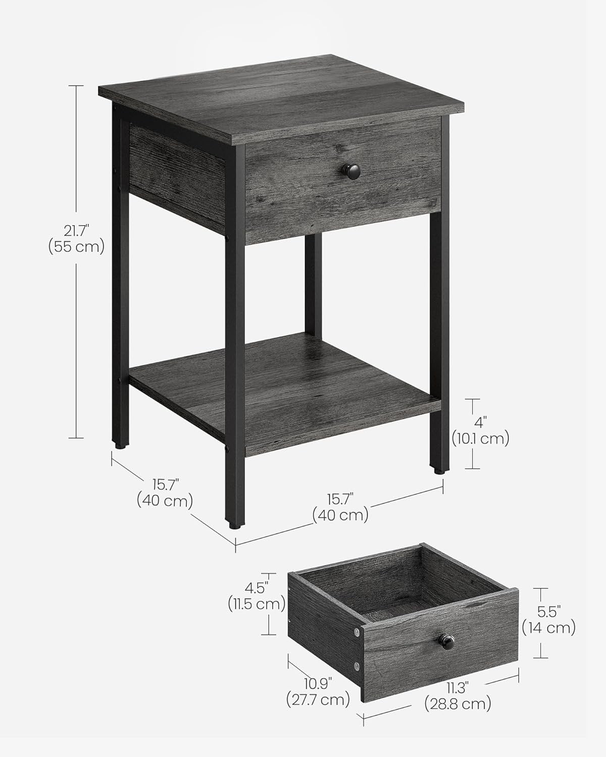 Set of 2 Grey Bedside Tables with Drawer & Shelf, Modern Storage Nightstands
