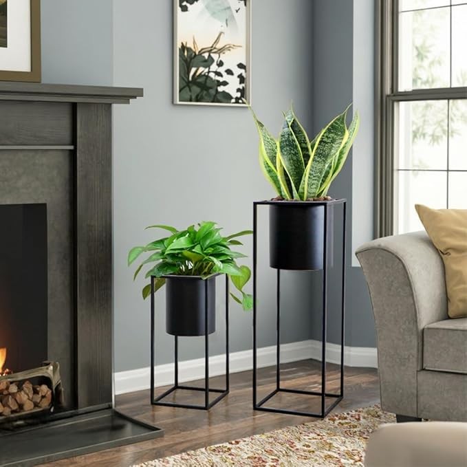 Set of 2 Black Metal Planters with Stand Indoor Outdoor Modern Tall Plant Pots