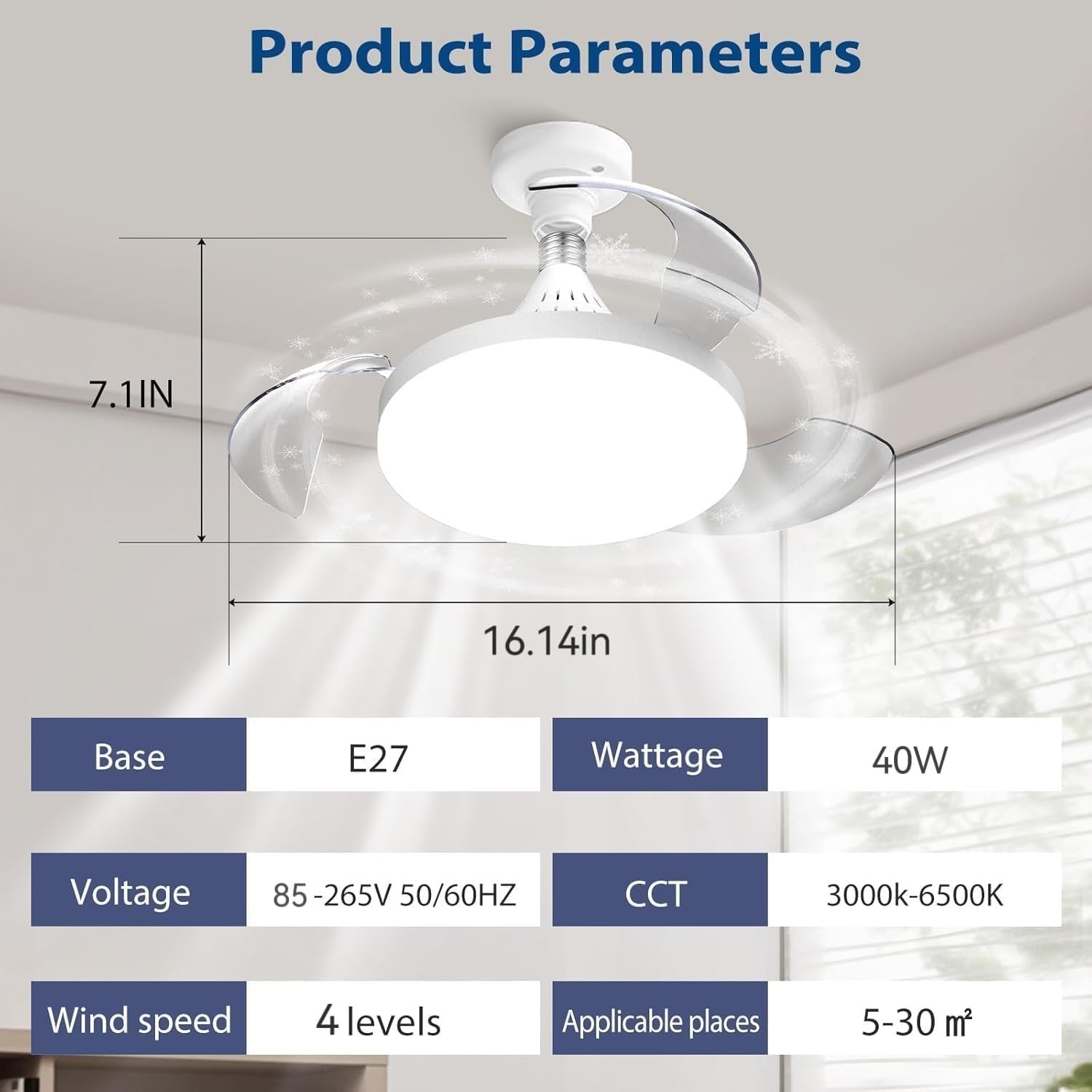 Ceiling Fan Light, 40W Retractable Smart Fan, 4 Speeds, 3 Colors, Remote, LED