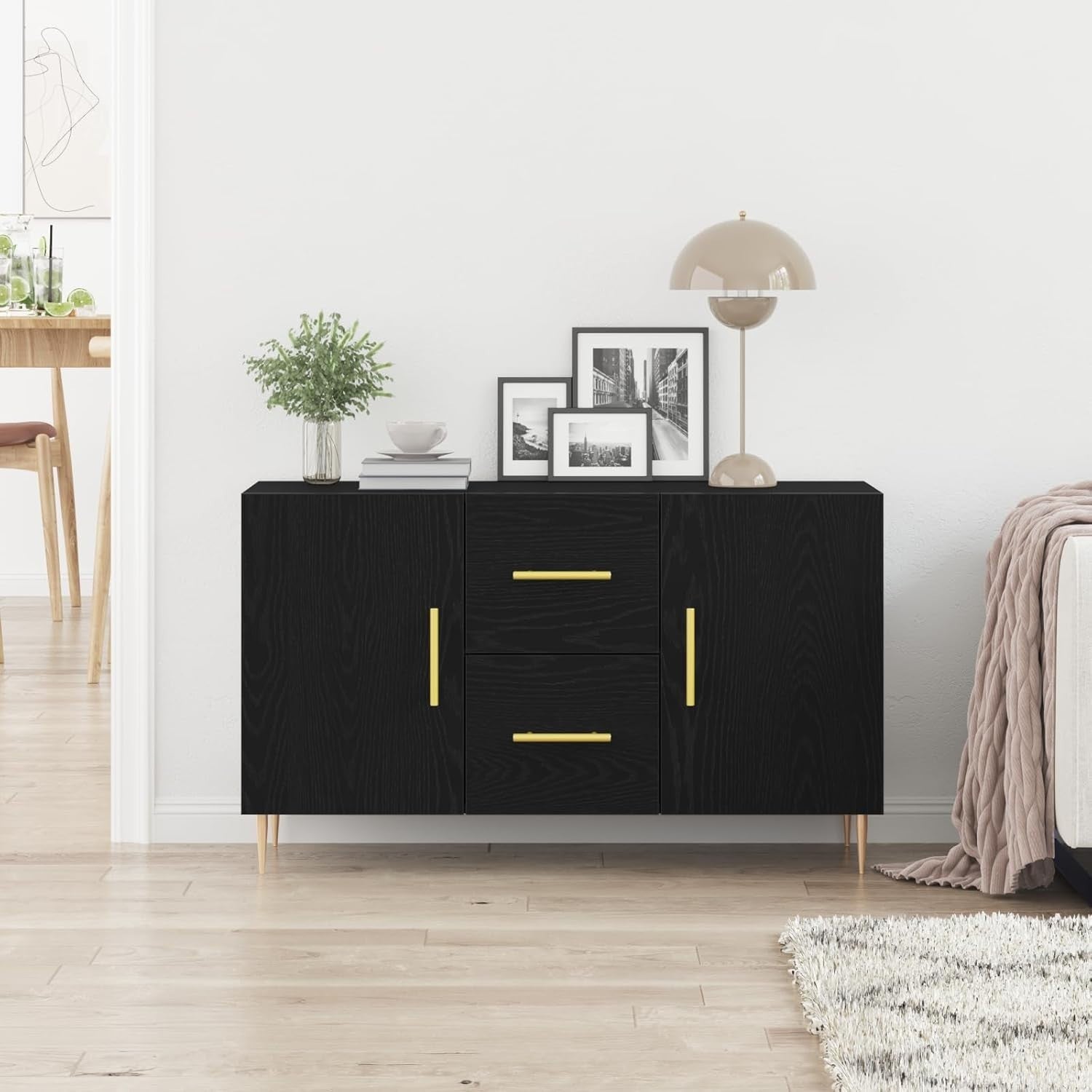 Black Oak Sideboard Cabinet Storage Drawers Modern Metal Legs 100cm Wide