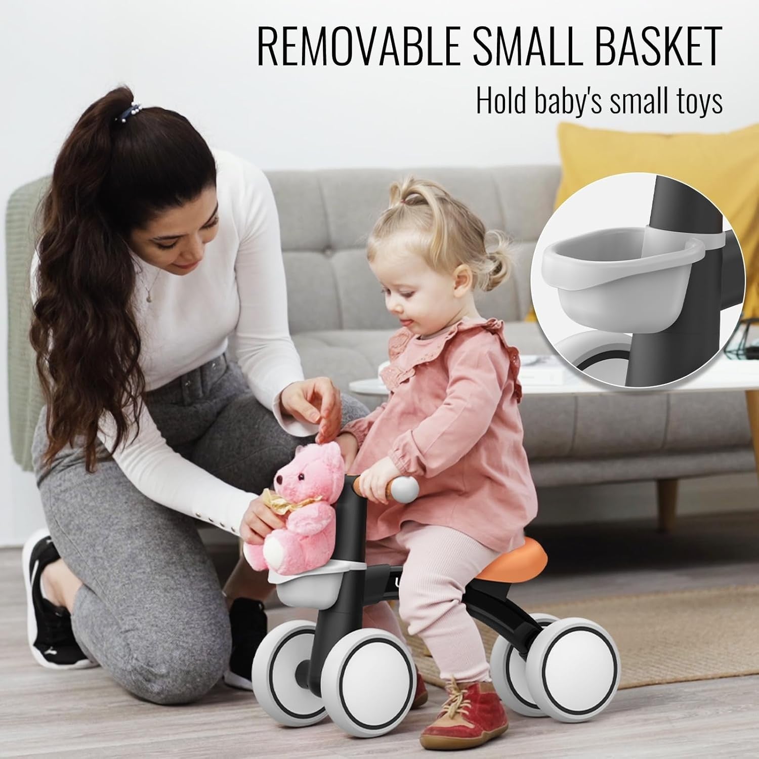 Toddler Balance Bike 12-24 Months Adjustable Seat 4 Wheel Black