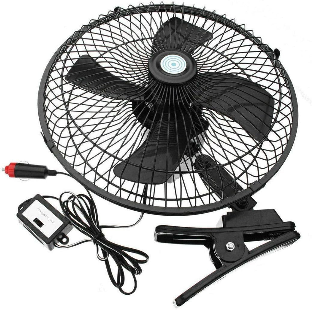 10in 12V Electric Air Fan – Dual Speed Clip-On 180° Rotating Cooling Desk Fan