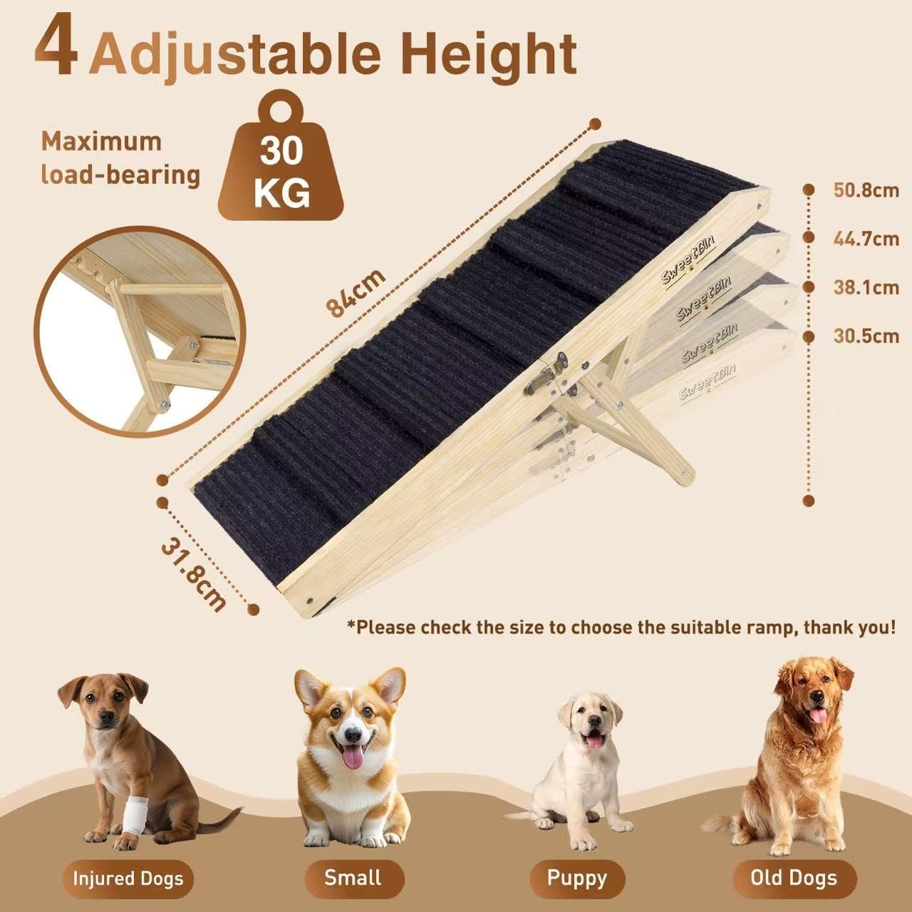 Foldable Dog Ramp Adjustable 4-Height Non-Slip Pet Stairs 30kg