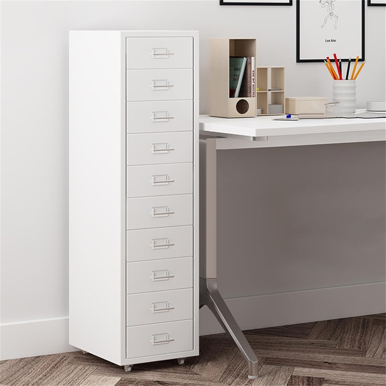 Silver White Mobile Filing Cabinet 8 Drawer 109cm Rolling Office