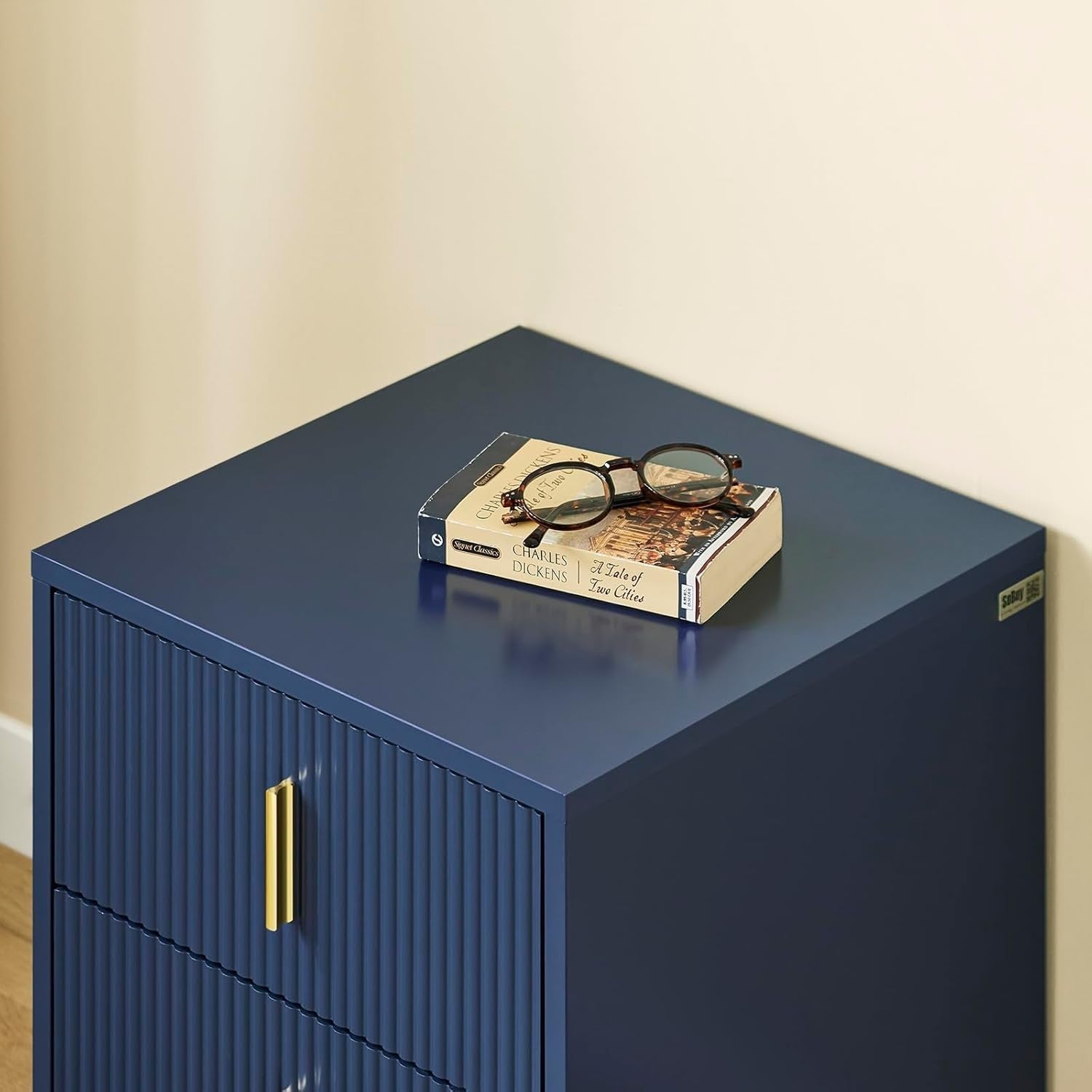 Blue Bedside Table with 2 Drawers & Gold Legs – Modern Nightstand