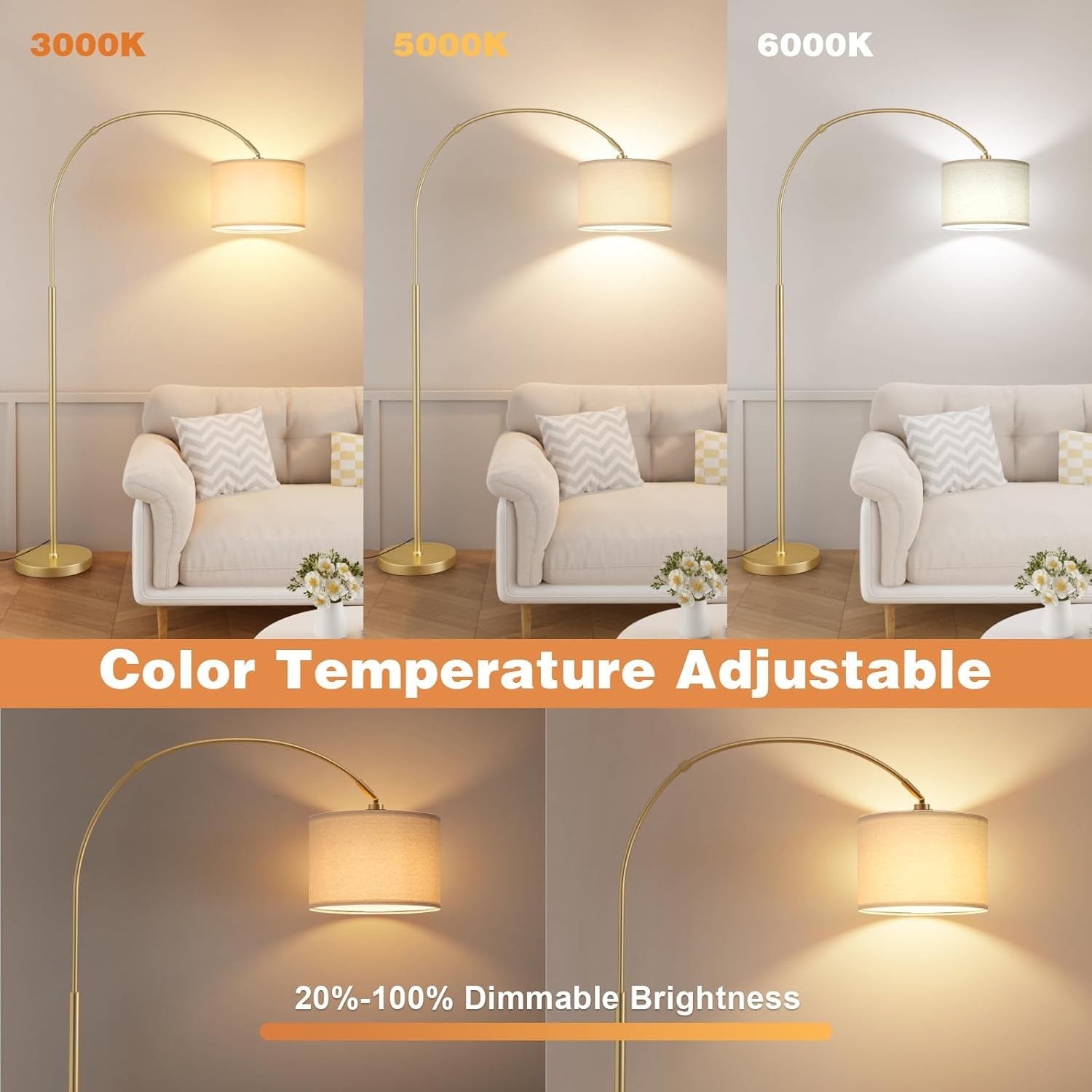 Gold Arc Floor Lamp Remote Dimmable Corner Standing Light Modern Tall Lamp
