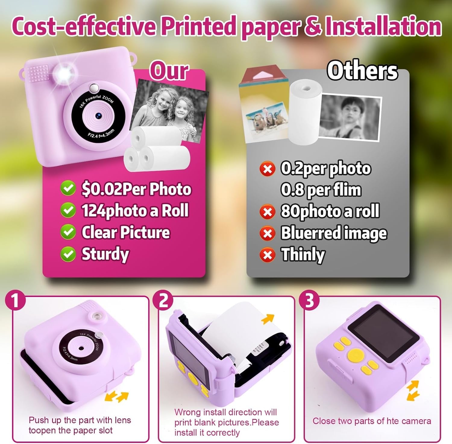 Kids Instant Print Camera Purple 1080P HD Toy with 32GB Card Gift for Girls Boys