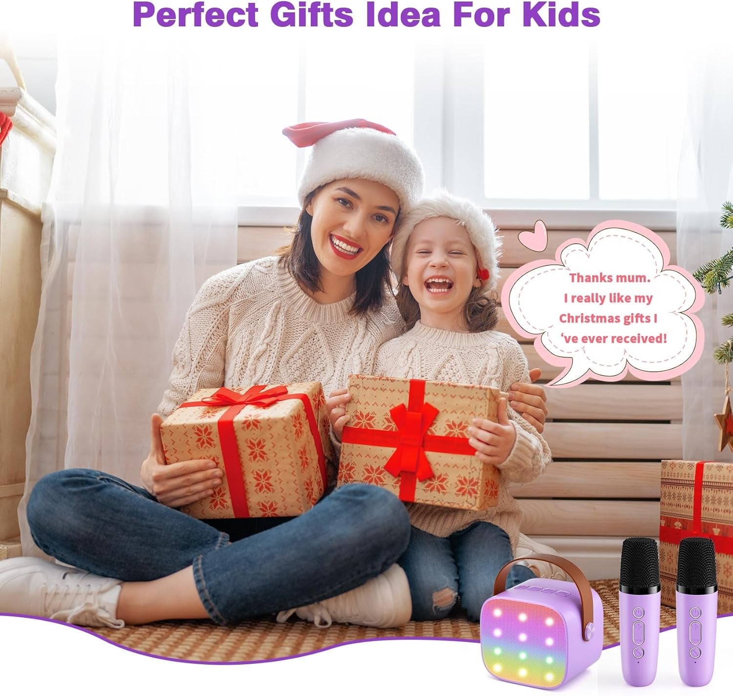 Kids Mini Karaoke Machine 2 Wireless Mics Bluetooth LED