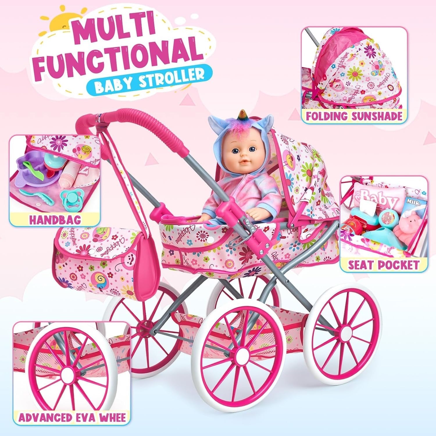 Baby Doll Playset w Stroller Rocking Horse Clothes Feeding Accessories