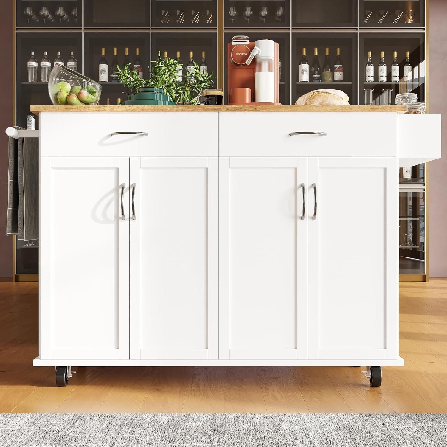 Rolling Kitchen Island Trolley with Drawers, Cabinets & Folding Top 128x78cm