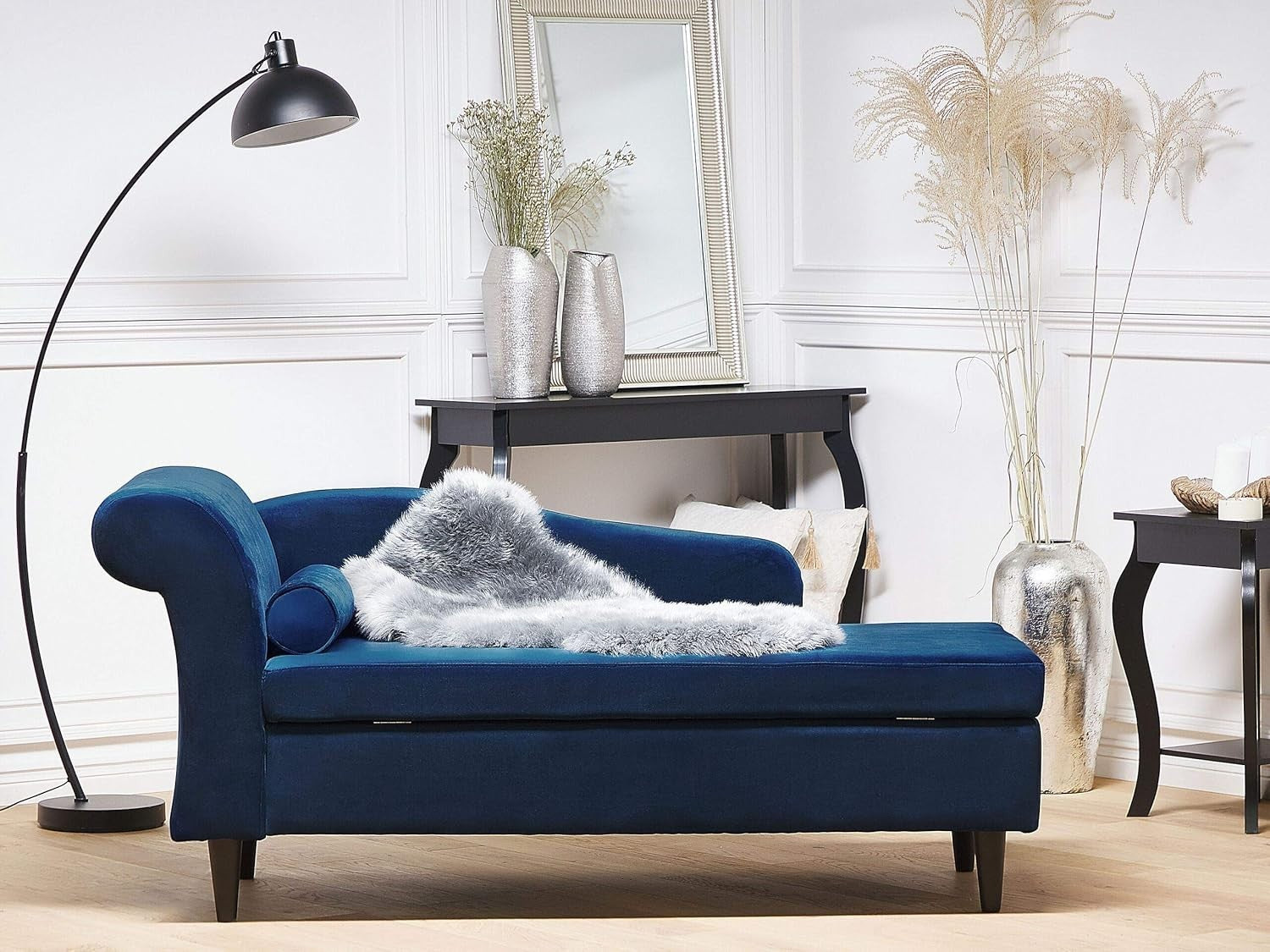 Navy Blue Velvet Left Hand Chaise Lounge with Storage | 3-Seater, Elegant