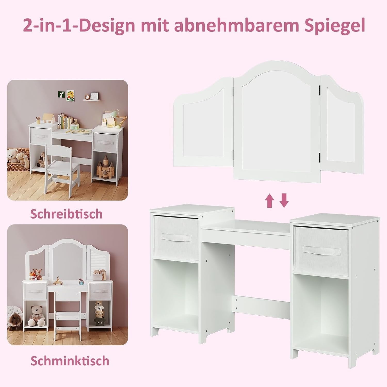Kids Vanity Table & Chair Set w/ Mirror & Storage – White Makeup Desk for Girls
