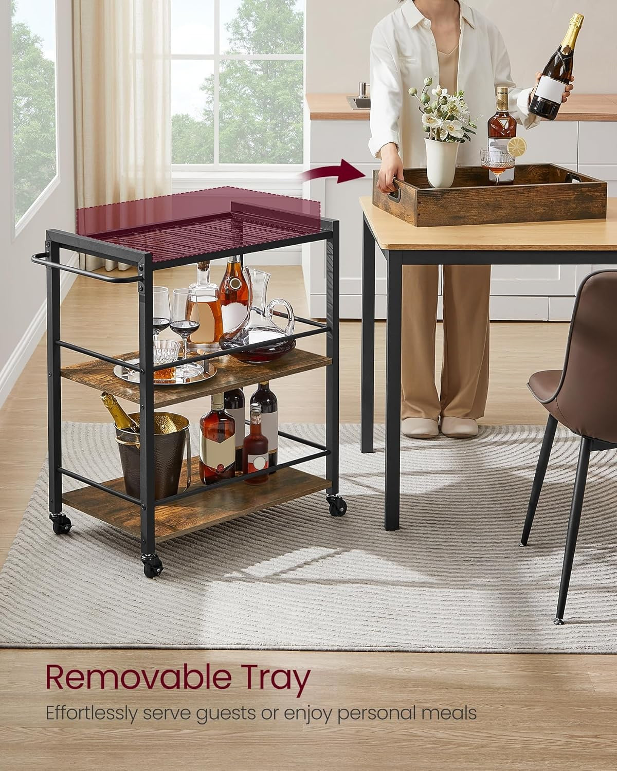 Kitchen Serving Cart on Wheels 3 Tier Utility Trolley with Removable Tray
