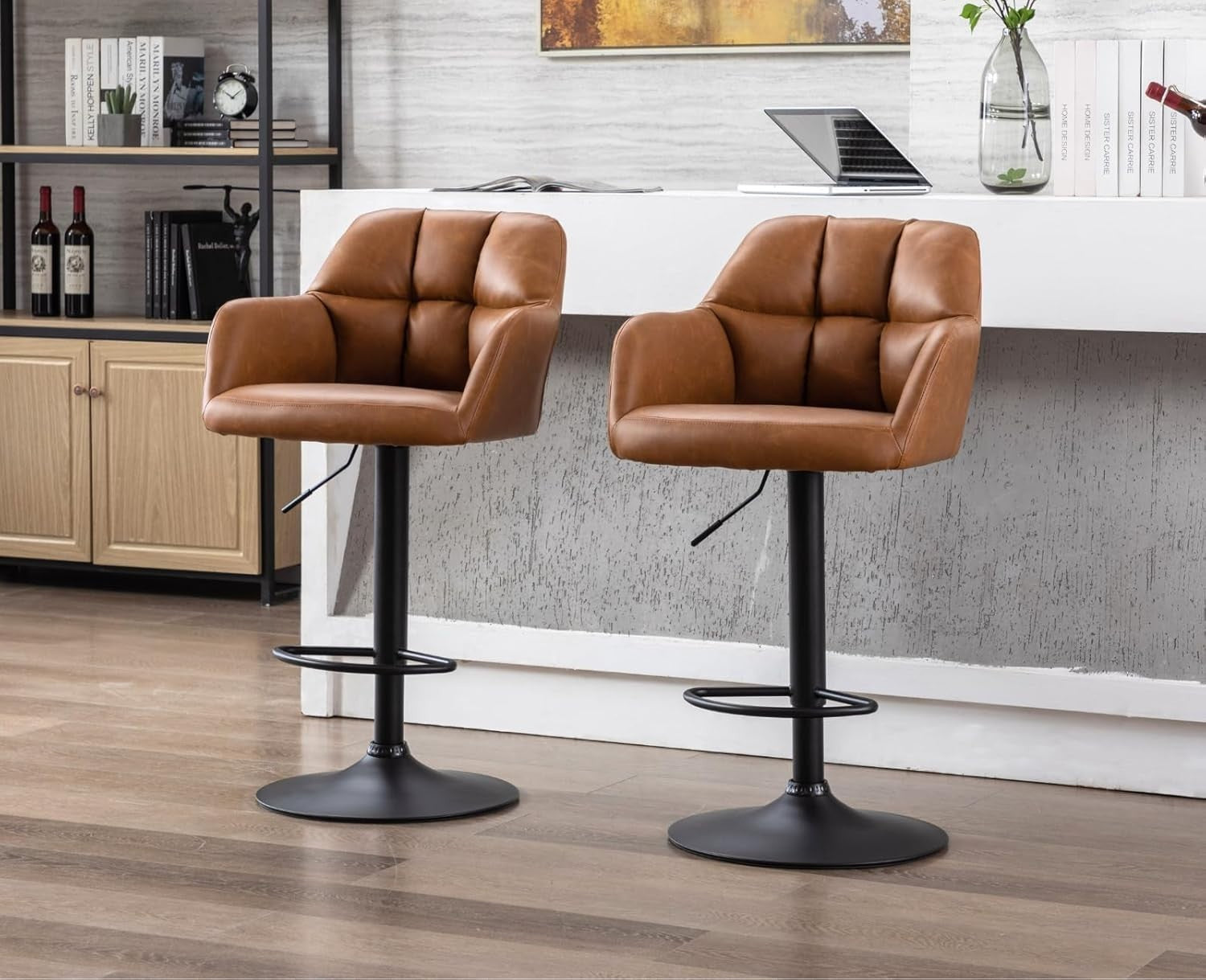 Set of 2 Swivel Bar Stools PU Leather Adjustable Height Brown