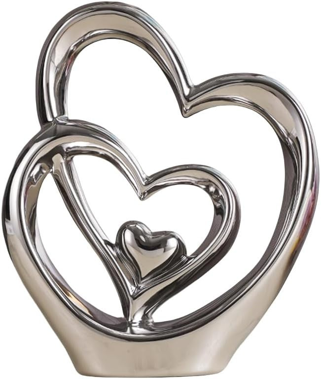 Silver Double Heart Ceramic Sculpture Luxury Modern Romantic Home Decor Ornament