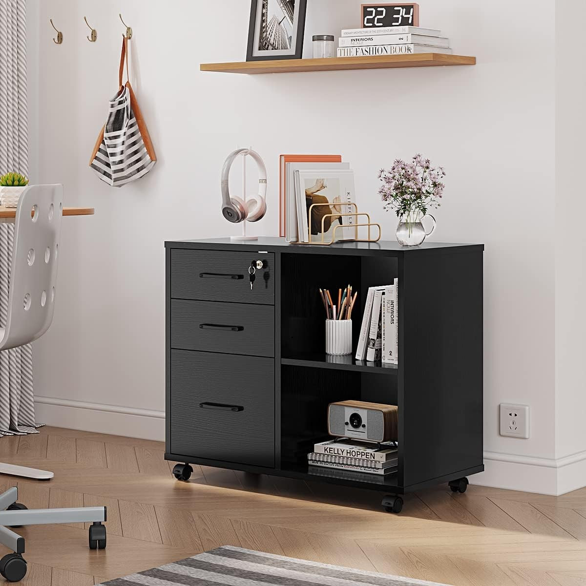 Black Lateral Mobile Filing Cabinet 3 Drawer Printer Stand Storage