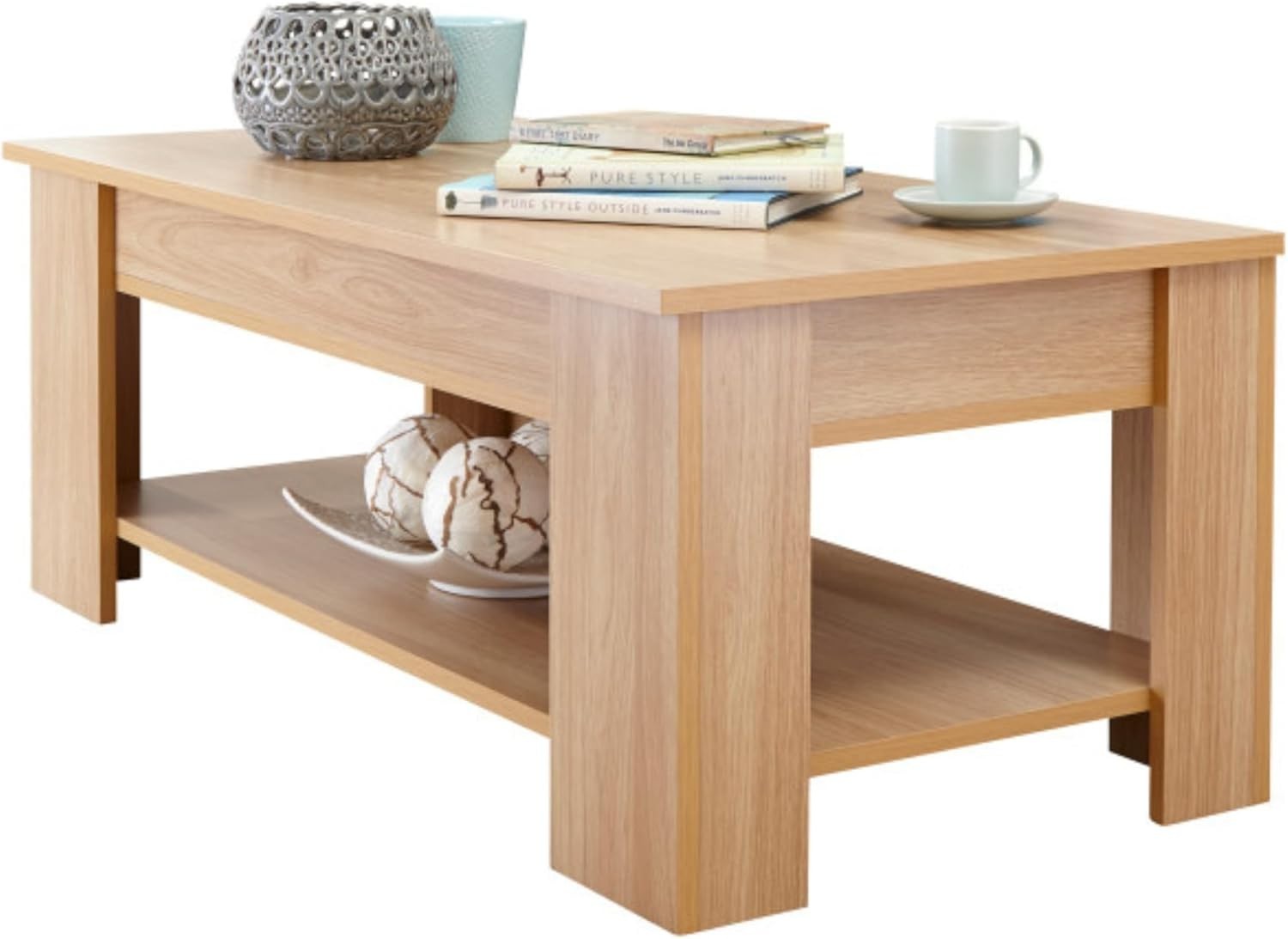 Lift Top Coffee Table with Hidden Storage & Shelf | Oak Wood Effect Modern