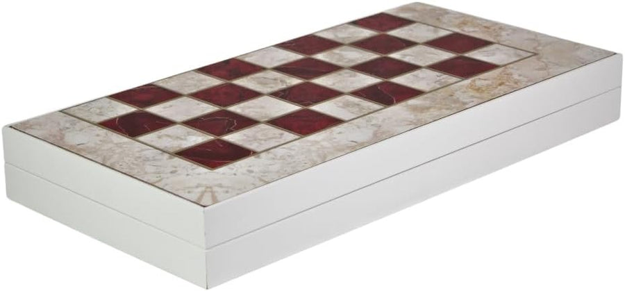19 Inch Wooden Backgammon Set Red Marble Design Luxury Folding Board