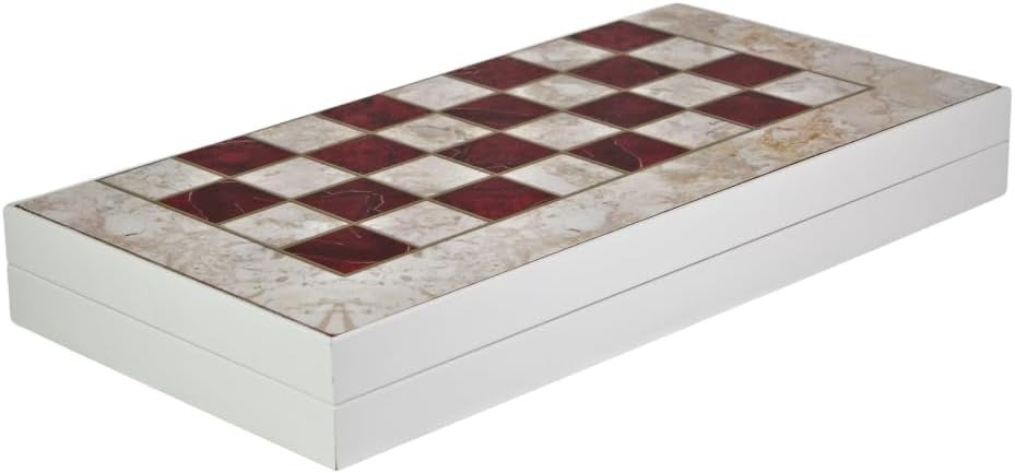 19 Inch Wooden Backgammon Set Red Marble Design Luxury Folding Board