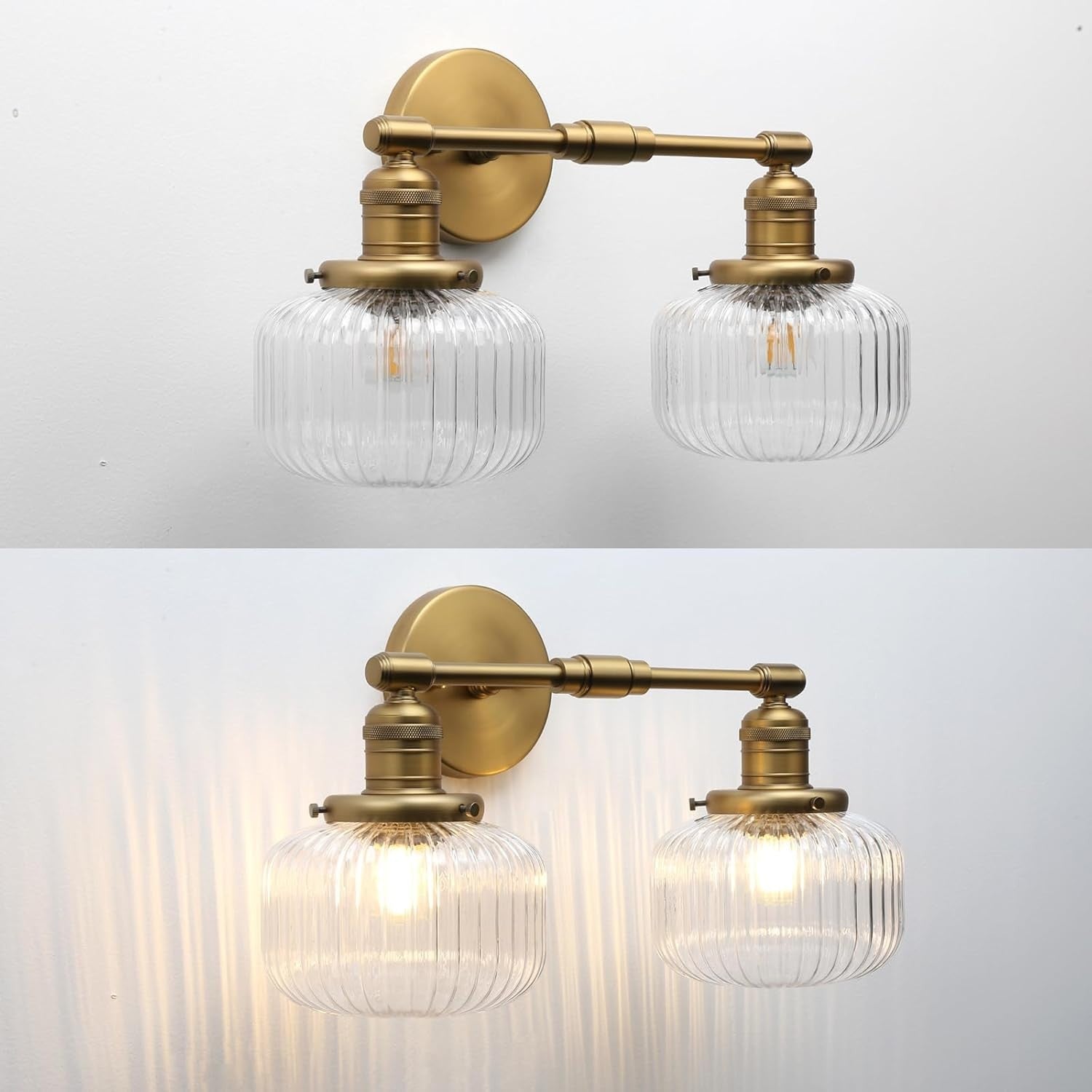 Industrial 2-Light Antique Brass Glass Wall Sconce | Vintage Bathroom Vanity Lig