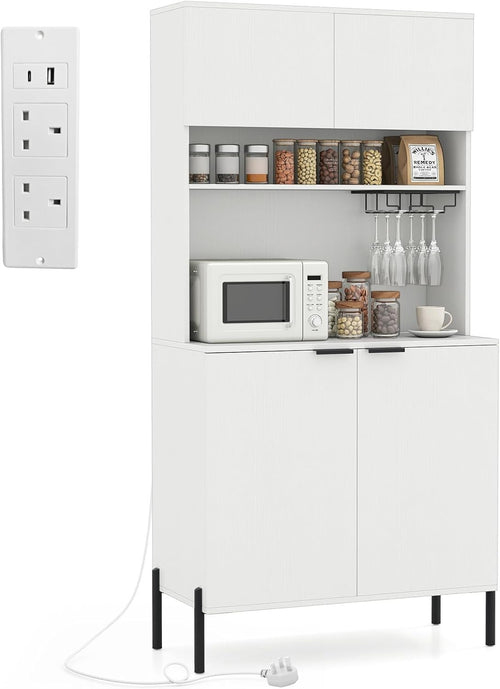 Tall Kitchen Cupboard 4-Door Pantry Storage Cabinet with Wine Rack & USB